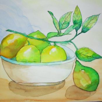 Painting titled "Citrons vert" by Vall, Original Artwork, Watercolor