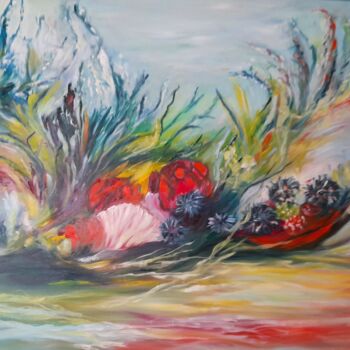 Painting titled ""Fantasia aquatique…" by Pascale Fleury-Vallée, Original Artwork, Oil Mounted on Wood Stretcher frame