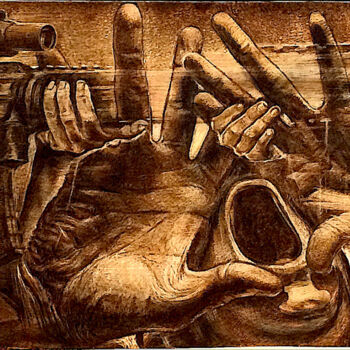 Dessin intitulée "STOP - wood burning…" par Van Ko Tokusha, Œuvre d'art originale, Gravure