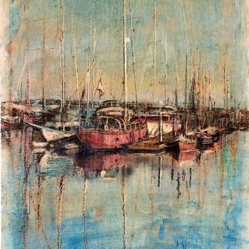 Schilderij getiteld "boats 3" door Van Ko Tokusha, Origineel Kunstwerk, Encaustiek Gemonteerd op Houten paneel