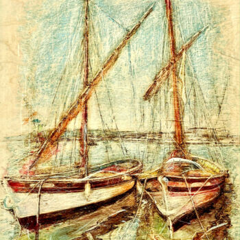 Dessin intitulée "boats 4" par Van Ko Tokusha, Œuvre d'art originale, Cire Monté sur Panneau de bois