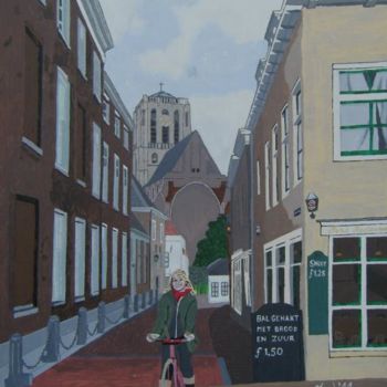 Schilderij getiteld "Girl On Bike in Bri…" door Jaap Van Der Wijk, Origineel Kunstwerk, Olie