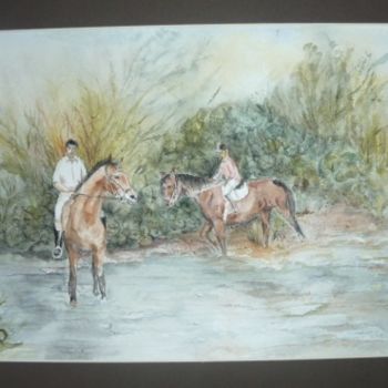 Painting titled "père et fille en pr…" by Vandorpe Amdv, Original Artwork, Watercolor