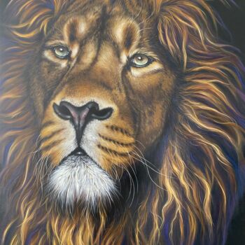 Schilderij getiteld "Le lion" door Vanessa Ben Amor, Origineel Kunstwerk, Olie Gemonteerd op Frame voor houten brancard