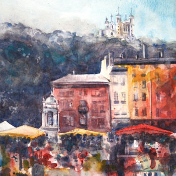 Schilderij getiteld "Place de marché, da…" door Vanessa Renoux, Origineel Kunstwerk, Aquarel