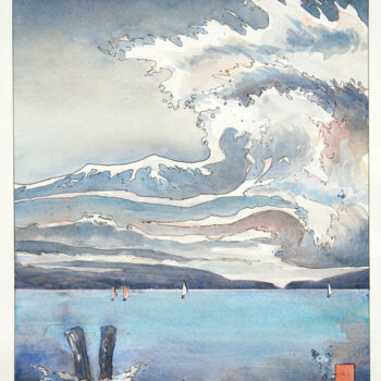 Painting titled "Ciel de Vagues, aqu…" by Vanessa Renoux, Original Artwork, Watercolor Mounted on Cardboard