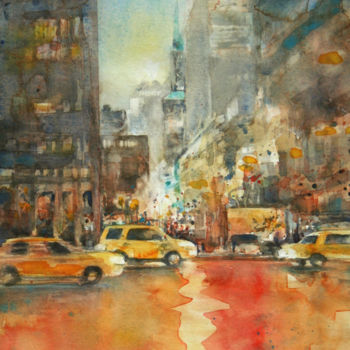 Malerei mit dem Titel "New York - Orange d…" von Vanessa Renoux, Original-Kunstwerk, Aquarell