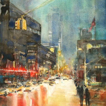 Painting titled "New York by Night" by Vanessa Renoux, Original Artwork, Watercolor