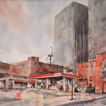 Painting titled "Station service - a…" by Vanessa Renoux, Original Artwork, Watercolor
