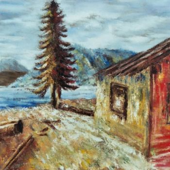 Peinture intitulée "Lodge at the lake" par Van G, Œuvre d'art originale, Huile