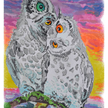 Картина под названием "влюбленные совы" - Екатерина Мозговая, Подлинное произведение искусства, Карандаш