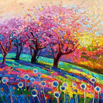 Pittura intitolato "Cherry trees under…" da Vanya Georgieva, Opera d'arte originale, Olio Montato su Telaio per barella in l…