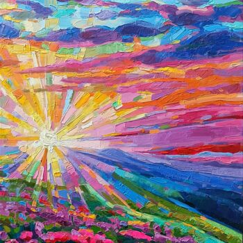 Painting titled "Sunset in the Mount…" by Vanya Georgieva, Original Artwork, Oil Mounted on Wood Stretcher frame