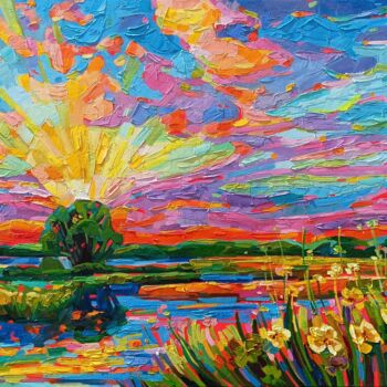 Schilderij getiteld "Sunset on the lake" door Vanya Georgieva, Origineel Kunstwerk, Olie Gemonteerd op Frame voor houten bra…