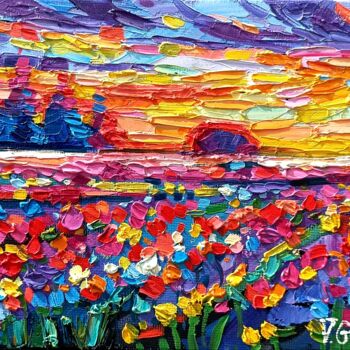 Painting titled "Tulip fields" by Vanya Georgieva, Original Artwork, Oil Mounted on Wood Stretcher frame
