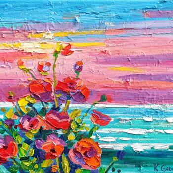 Painting titled "Poppies and the Sea" by Vanya Georgieva, Original Artwork, Oil Mounted on Wood Stretcher frame