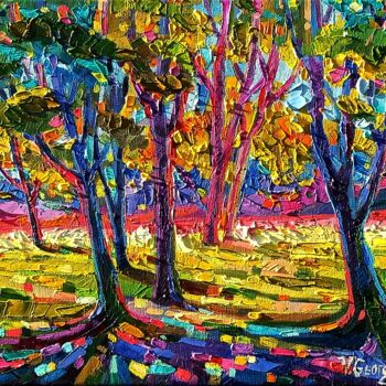 Painting titled "Trees and Shadows 3" by Vanya Georgieva, Original Artwork, Oil Mounted on Wood Stretcher frame