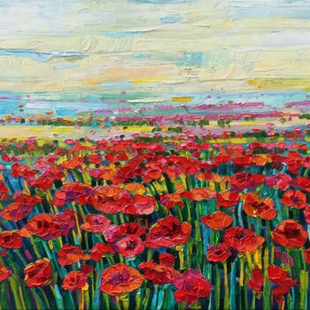 Malerei mit dem Titel "Poppies field in th…" von Vanya Georgieva, Original-Kunstwerk, Öl Auf Keilrahmen aus Holz montiert