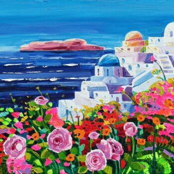 Malarstwo zatytułowany „Sunny Santorini” autorstwa Vanya Georgieva, Oryginalna praca, Olej Zamontowany na Drewniana rama nos…
