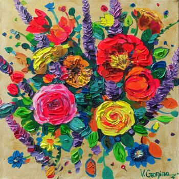 Painting titled "Gold and flowers" by Vanya Georgieva, Original Artwork, Acrylic Mounted on Wood Stretcher frame
