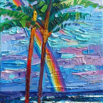 Painting titled "Rainbow in Hawaii" by Vanya Georgieva, Original Artwork, Oil Mounted on Wood Stretcher frame