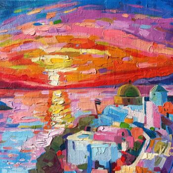 Painting titled "Santorini sunset" by Vanya Georgieva, Original Artwork, Oil Mounted on Wood Stretcher frame