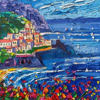 Painting titled "Sunny Day in Amalfi" by Vanya Georgieva, Original Artwork, Oil Mounted on Wood Stretcher frame