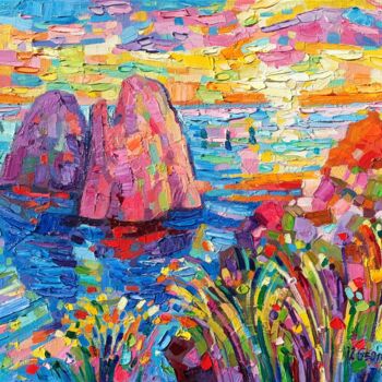 Painting titled "Capri sunset" by Vanya Georgieva, Original Artwork, Oil Mounted on Wood Stretcher frame
