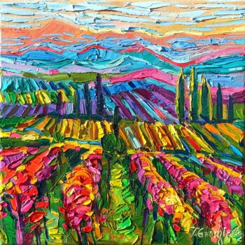 「Vineyards sunrise」というタイトルの絵画 Vanya Georgievaによって, オリジナルのアートワーク, オイル ウッドストレッチャーフレームにマウント