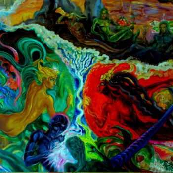 Картина под названием "Бой русалок" - Varu Kadis, Подлинное произведение искусства, Масло Установлен на Деревянная рама для…