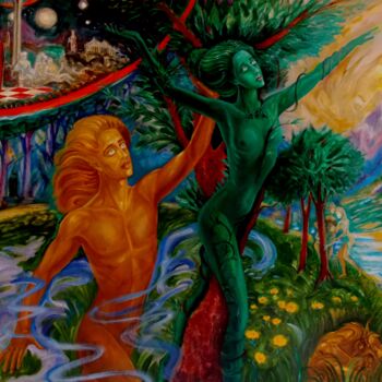 Картина под названием "Аполлон и Дафна" - Varu Kadis, Подлинное произведение искусства, Масло Установлен на Деревянная рама…