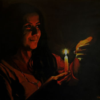 Painting titled "Girl with a Candle" by Varun N Rao, Original Artwork, Acrylic