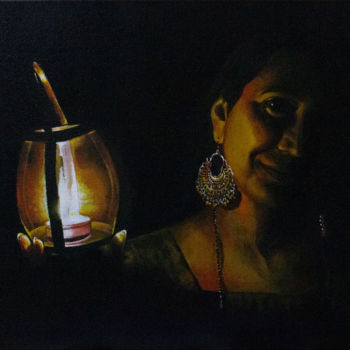 Peinture intitulée "Girl with a Lantern" par Varun N Rao, Œuvre d'art originale, Acrylique