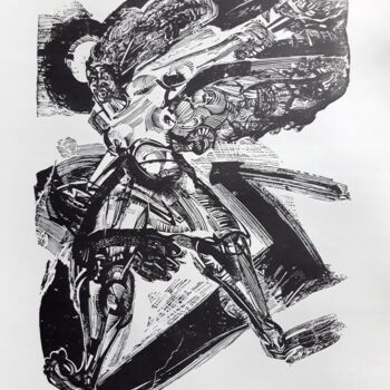 Printmaking titled "Angel-bomber" by Vasia Burdin, Original Artwork, Linocuts