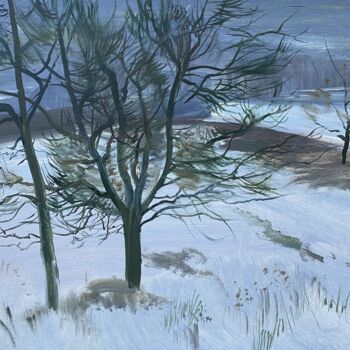 Pittura intitolato "Winter snowy day." da Vasil Sumarau, Opera d'arte originale, Olio Montato su Telaio per barella in legno