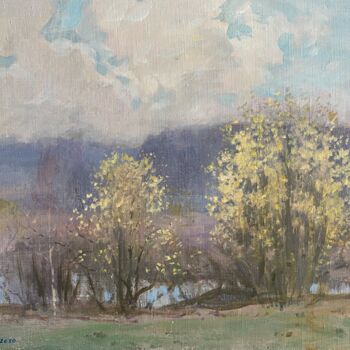 Painting titled "Willow blooms." by Vasil Sumarau, Original Artwork, Oil Mounted on Wood Stretcher frame