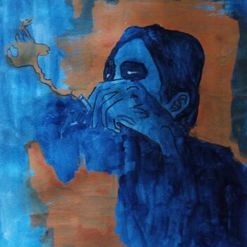 Painting titled "A person smokes in…" by Vasileia Sarri, Original Artwork, Acrylic