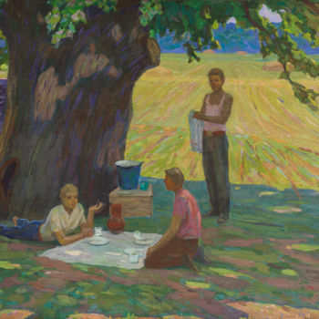 Painting titled "Haymaking" by Vasiliy Strigin, Original Artwork, Oil