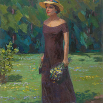 Painting titled "A lady in straw hat" by Vasiliy Strigin, Original Artwork, Oil
