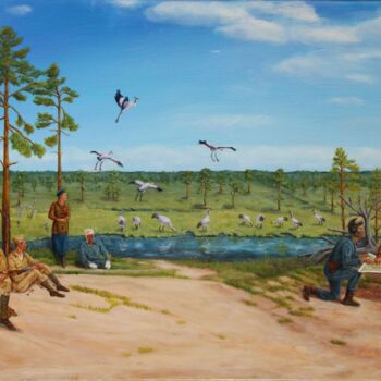 Peinture intitulée "Журавли / Cranes" par Vasily Nikolaevich Zhdanov, Œuvre d'art originale, Huile