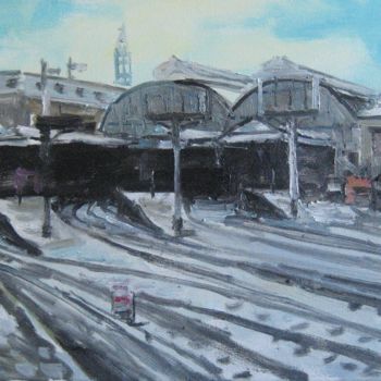 Schilderij getiteld "railroad station" door Vasyl, Origineel Kunstwerk, Olie