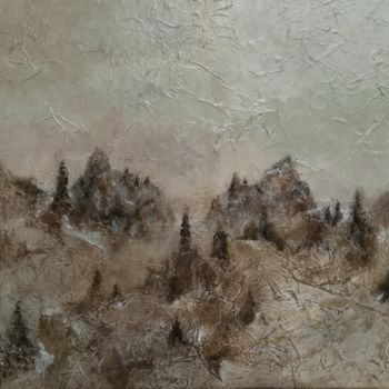 Painting titled "Sapins dans la brume" by Valérie Benedetti, Original Artwork, Acrylic Mounted on Wood Stretcher frame