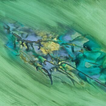 Painting titled "Green" by Veartci, Original Artwork, Watercolor Mounted on Wood Panel