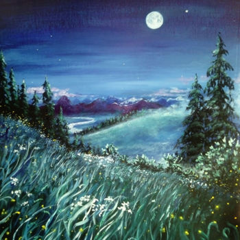 Painting titled "Fireflies And Night…" by Tatyana Knyazeva, Original Artwork, Tempera