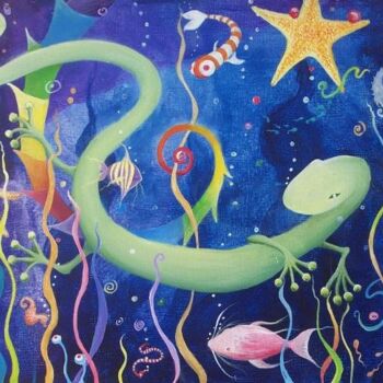 Schilderij getiteld "Newt in a sea of un…" door Venessa Lagrand, Origineel Kunstwerk, Olie