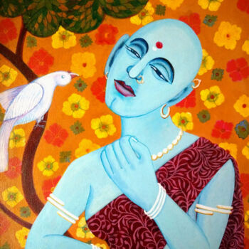 Painting titled "lady-with-bird-2015…" by Venkata Swamy Valluri, Original Artwork, Acrylic