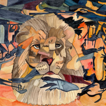 Painting titled "The Lion" by Vera Boldt, Original Artwork, Watercolor