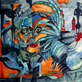 Schilderij getiteld "Faszination Hahn" door Vera Boldt, Origineel Kunstwerk, Aquarel