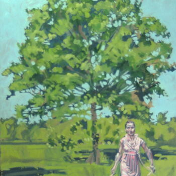 Painting titled "big tree small girl" by James Wardroper, Original Artwork, Oil