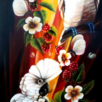 Painting titled "Два белых попугая с…" by Vera Winter, Original Artwork, Acrylic